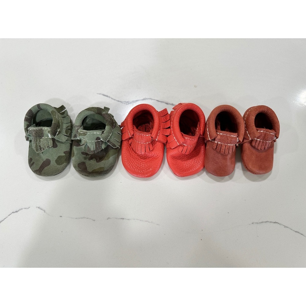 Freshly Picked Leather Baby Moccasin Bundle Size 0 1 Camo Orange Brown 3 Pairs